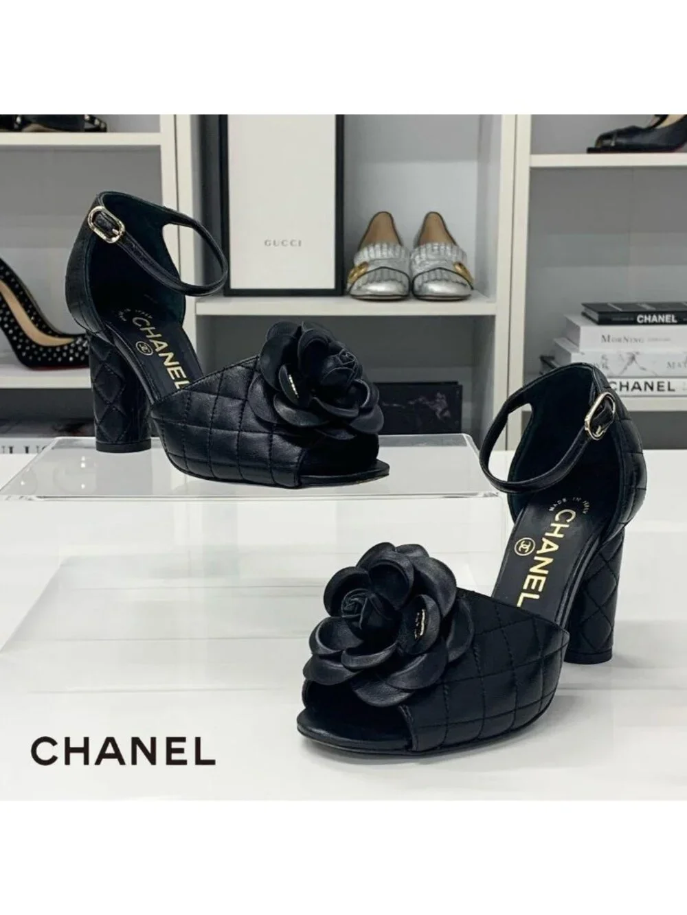 Chanel CC Logo Camellia Quilted Leather Sandals Black